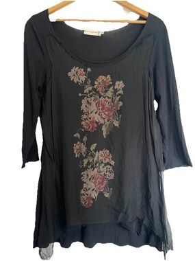 4 Love and Liberty Johnny Was Black Floral Sheer Whimsigoth Layered Top - Large